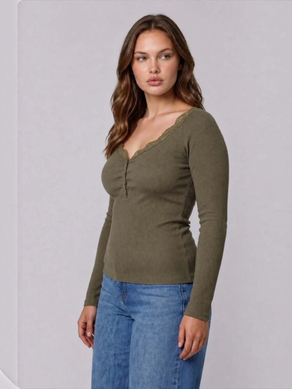Studio Long Sleeve Lace Trim Henley in Olive Green Plus Sizes